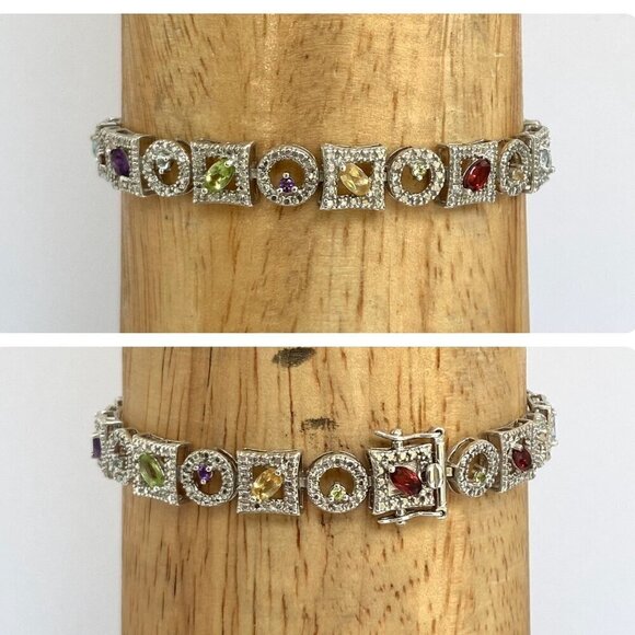 Ross-Simons Sterling Silver 925 Multi Gemstone Geometric Link Tennis Bracelet - Picture 5 of 16